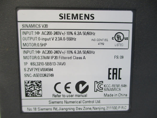 SIEMENS 6SL3210-5BB13-7AV0 200-240VAC 6.2A UNMP
