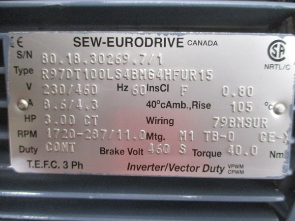 SEW-EURODRIVE R97 R97DT100LS4BMG4HFUR15 230/460V 8.6/4.3A NSNP