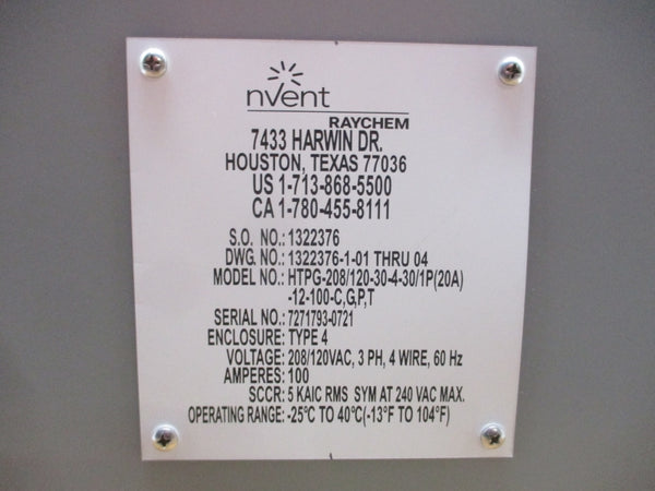 HEAT TRACE FREEZE PROTECTION PANEL HTPG-208/120-30-4-30/1P(20A)-12-100-C,G,P,T 208/120VAC 100A NSNP
