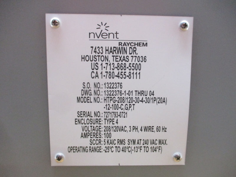 HEAT TRACE FREEZE PROTECTION PANEL HTPG-208/120-30-4-30/1P(20A)-12-100-C,G,P,T 208/120VAC 100A NSNP