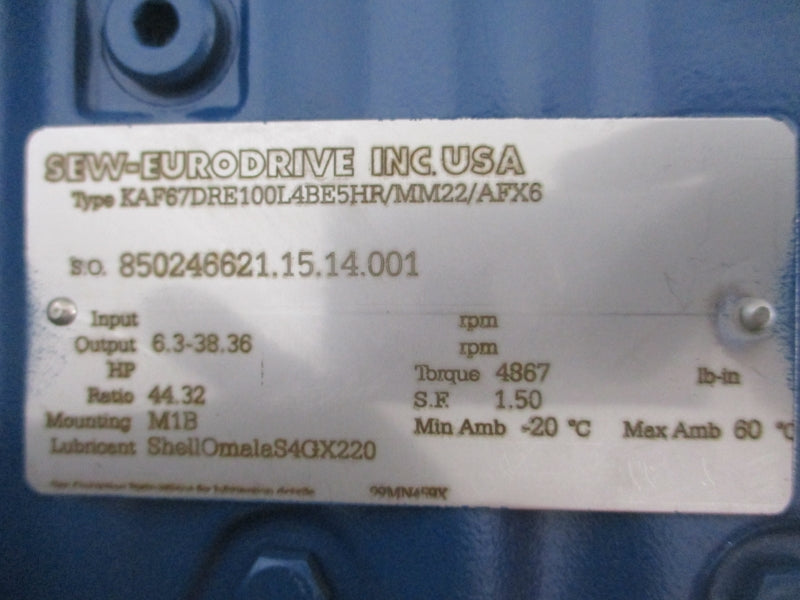 SEW-EURODRIVE KAF67DRE100L4BE5HR/MM22/AFX6 380-500V 4.30A NSNP