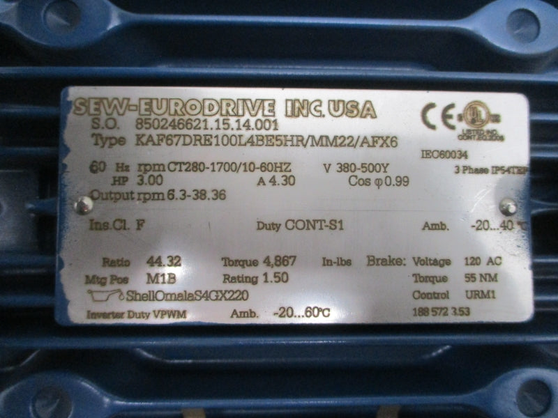SEW-EURODRIVE KAF67DRE100L4BE5HR/MM22/AFX6 380-500V 4.30A NSNP