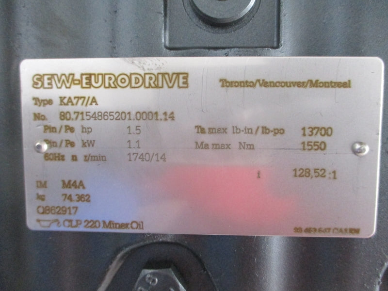 SEW-EURODRIVE KA77/A KA77DRE90M4BE2HR 266/460V 3.90/2.25A NSNP