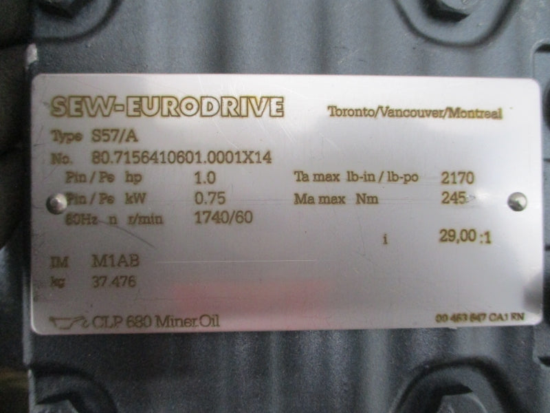 SEW-EURODRIVE S57DRE80M4BE1HF 230/460V 2.90/1.44A NSNP