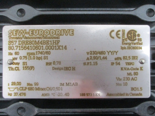 SEW-EURODRIVE S57DRE80M4BE1HF 230/460V 2.90/1.44A NSNP