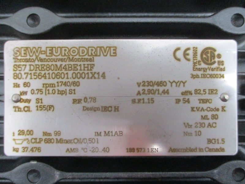 SEW-EURODRIVE S57DRE80M4BE1HF 230/460V 2.90/1.44A NSNP