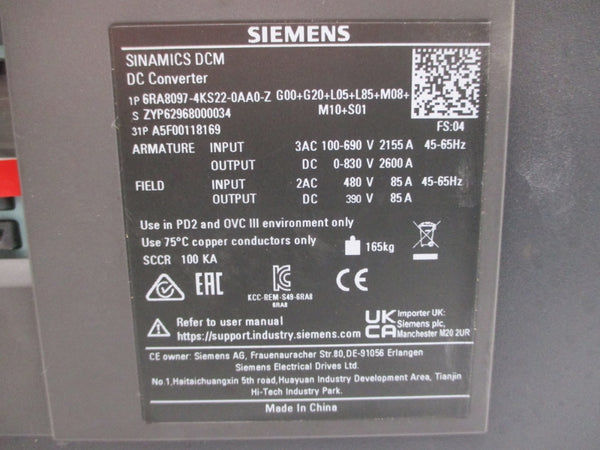 SIEMENS 6RA8097-4KS22-0AA0-Z G00+G20+L05+L85+M08+S 100-690VAC 2155A NUPI