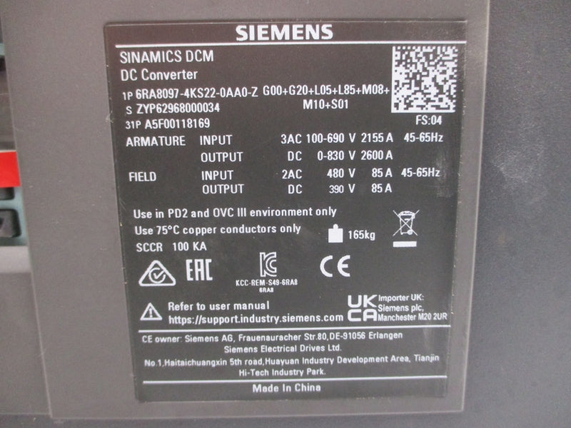 SIEMENS 6RA8097-4KS22-0AA0-Z G00+G20+L05+L85+M08+S 100-690VAC 2155A NUPI
