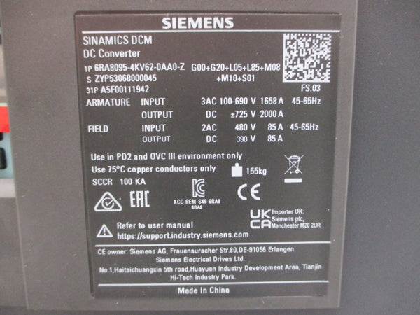 SIEMENS 6RA8095-4KV62-0AA0-Z G00+G20+L05+L85+M08S 100-690VAC 1658A NUPI