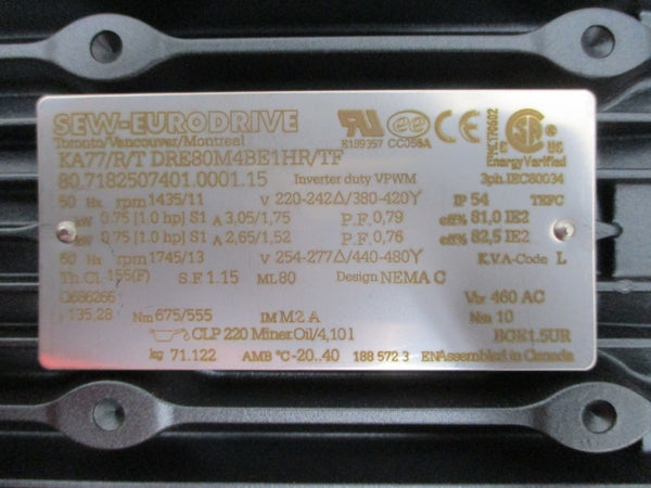 SEW-EURODRIVE KA77/R/A/T KA77/R/TDRE80M4BE1HR/TF 220-242/380-420V 3.05/2.65A NSNP