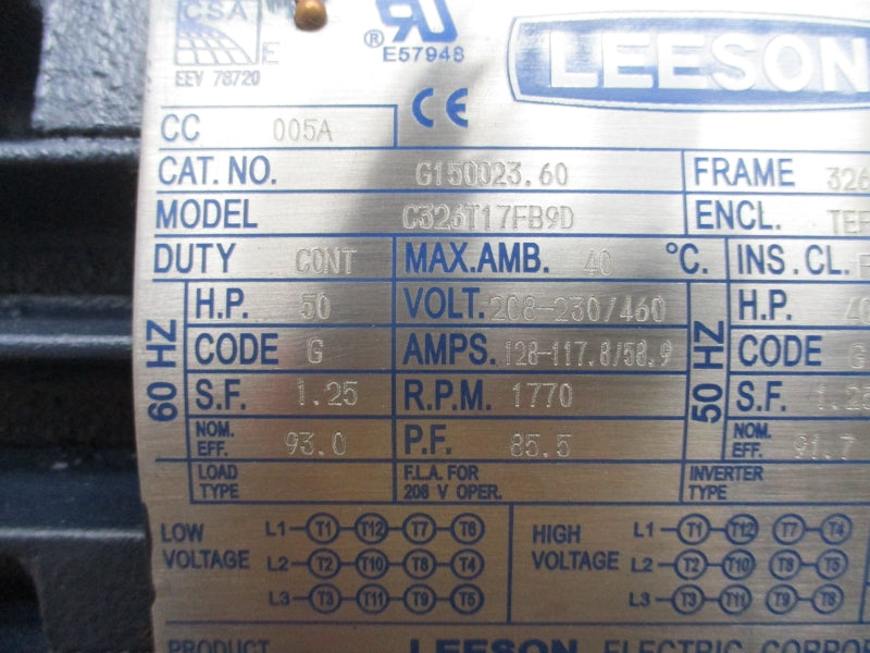 LEESON G150023.60 C326T17FB9D 208-230/460V 128-117.8/58.9A NSMP