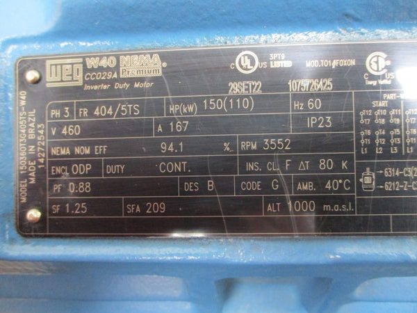 WEG 150HP 460V 3PH 3552RPM 150360T3G405TS-W40 460V 167A NSMP