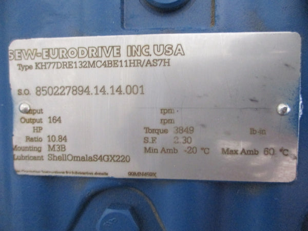 SEW-EURODRIVE KH77DRE132MC4BE11HR/AS7H 460V 12.7A NSNP