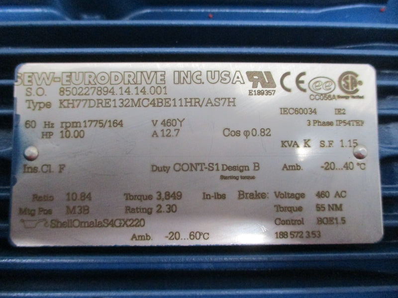 SEW-EURODRIVE KH77DRE132MC4BE11HR/AS7H 460V 12.7A NSNP