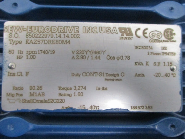 SEW-EURODRIVE KAZ57DRE80M4 230/460V 2.90/1.44A NSNP