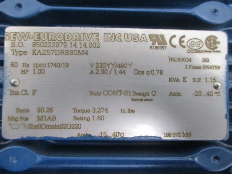 SEW-EURODRIVE KAZ57DRE80M4 230/460V 2.90/1.44A NSNP