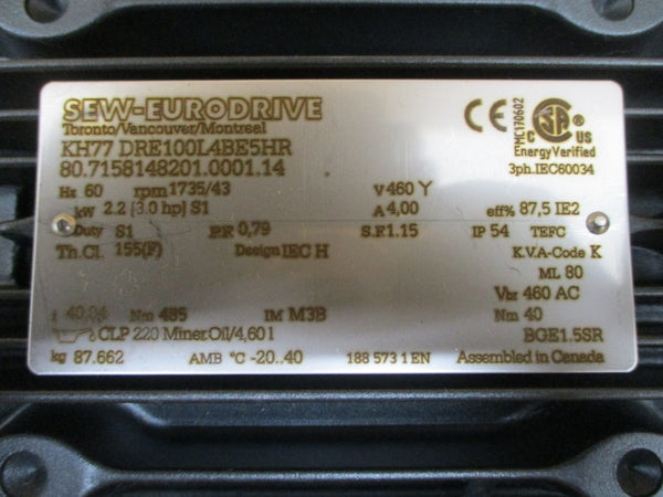 SEW-EURODRIVE KH77/A KH77DRE100L4BE5HR 460V 4.00A NSNP