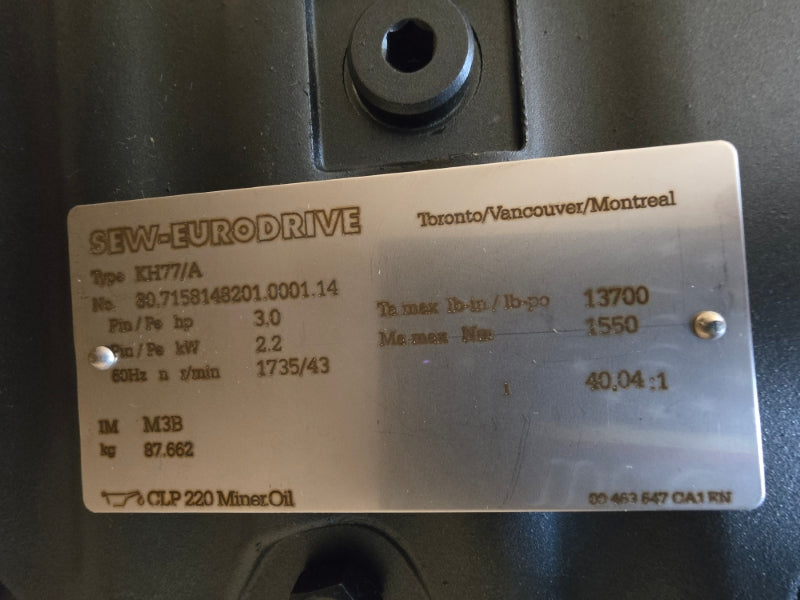 SEW-EURODRIVE KH77/A KH77DRE100L4BE5HR 460V 4.00A NSNP