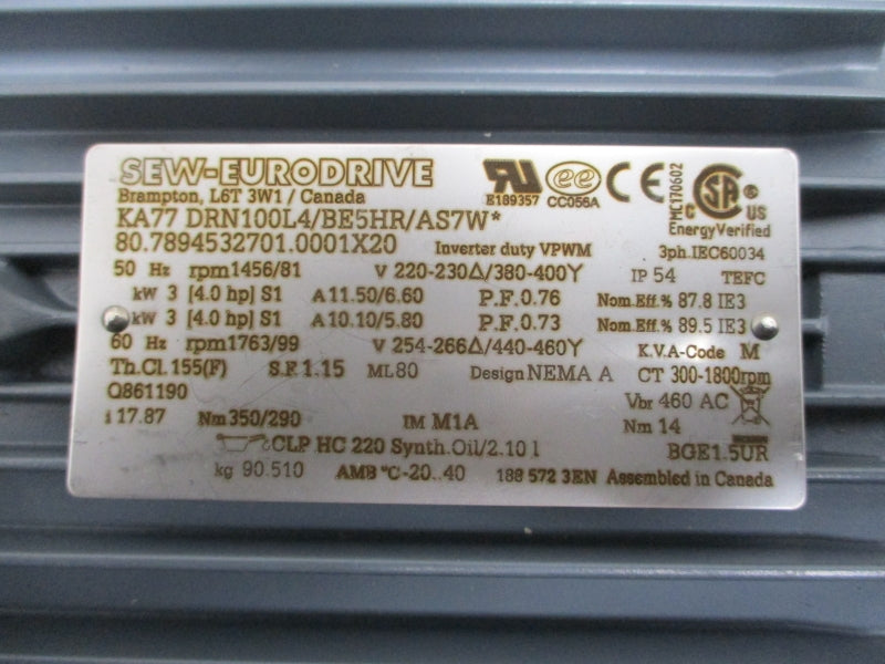 SEW-EURODRIVE KA77/A KA77DRN100L4/BE5HR/AS7W 220-230/380-400V 11.50/6.60-10.10/5.80A NSNP