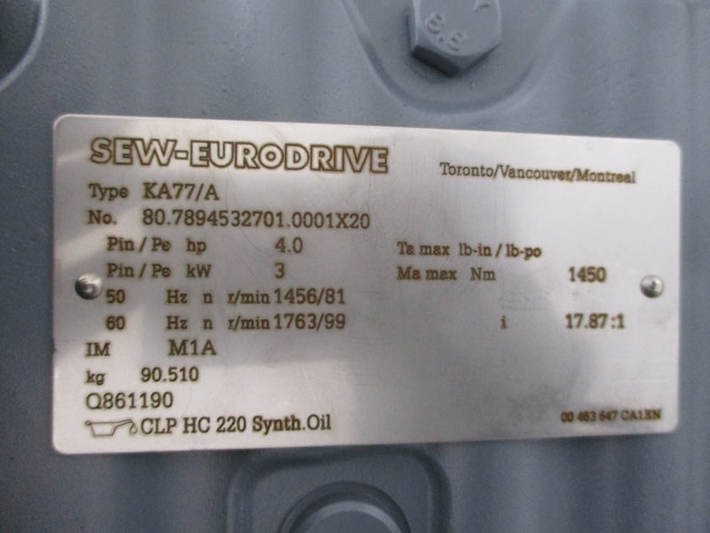 SEW-EURODRIVE KA77/A KA77DRN100L4/BE5HR/AS7W 220-230/380-400V 11.50/6.60-10.10/5.80A NSNP