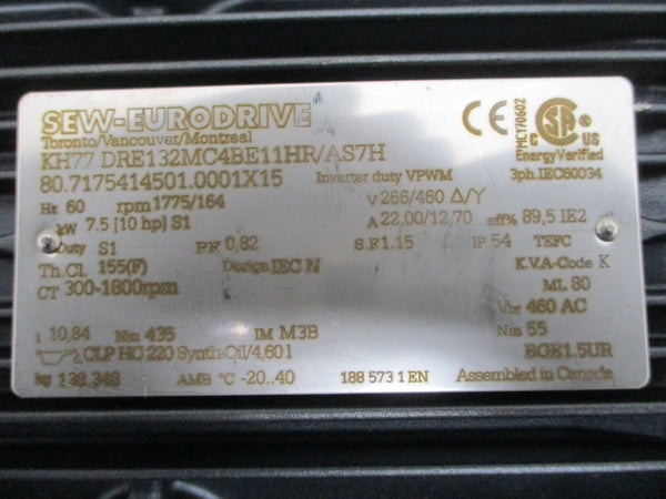 SEW-EURODRIVE KH77/A KH77DRE132MC4BE11HR/AS7H 266/460V 22.00/12.70A NSNP