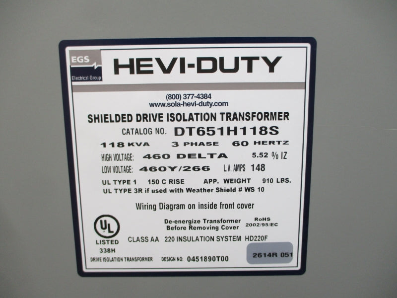 SOLA HEVI-DUTY DT651H118S 460V 148A NSNP