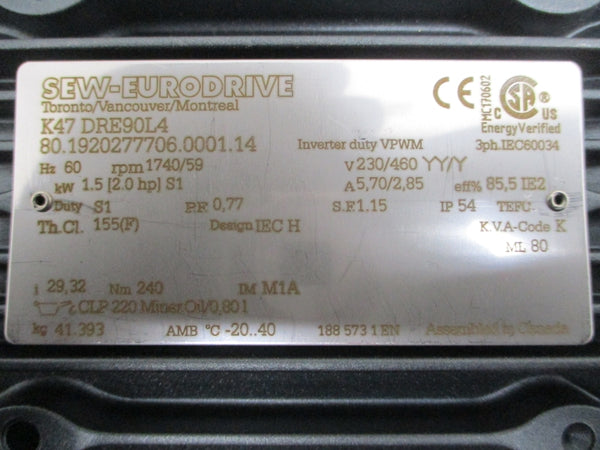 SEW-EURODRIVE K47/A K47DRE90L4 230/460V 5.70/2.85A NSNP
