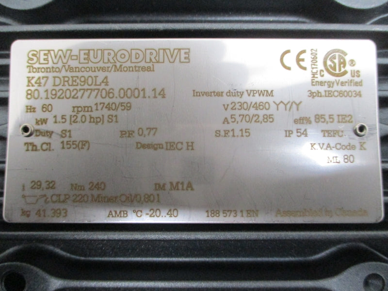 SEW-EURODRIVE K47/A K47DRE90L4 230/460V 5.70/2.85A NSNP