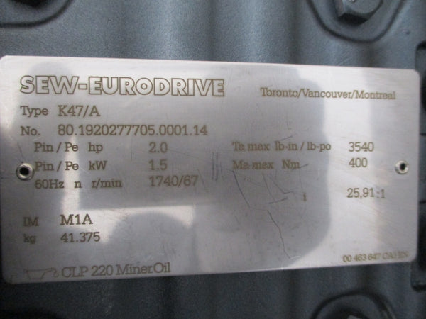 SEW-EURODRIVE K47/A K47DRE90L4 230/460V 5.70/2.85A NSNP