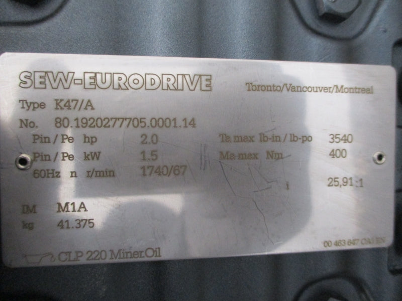 SEW-EURODRIVE K47/A K47DRE90L4 230/460V 5.70/2.85A NSNP