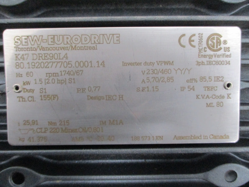 SEW-EURODRIVE K47/A K47DRE90L4 230/460V 5.70/2.85A NSNP