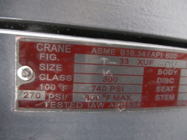 CRANE VALVE T-33XUF-OV 740PSI SIZE 14 NSNP