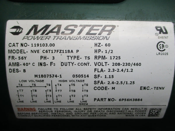 MASTER POWER TRANSMISSION 119103.00 C6T17FZ118A 7873196001FS 208-230/460V 2.3-2.4/1.2A NSNP