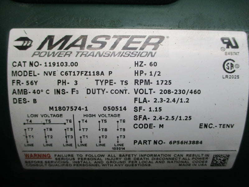 MASTER POWER TRANSMISSION 119103.00 C6T17FZ118A 7873196001FS 208-230/460V 2.3-2.4/1.2A NSNP