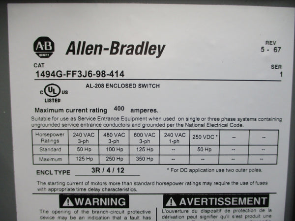 ALLEN BRADLEY 1494G-FF3J6-98-414 SER. 1 600VAC 400A (BR/WH) NSMP