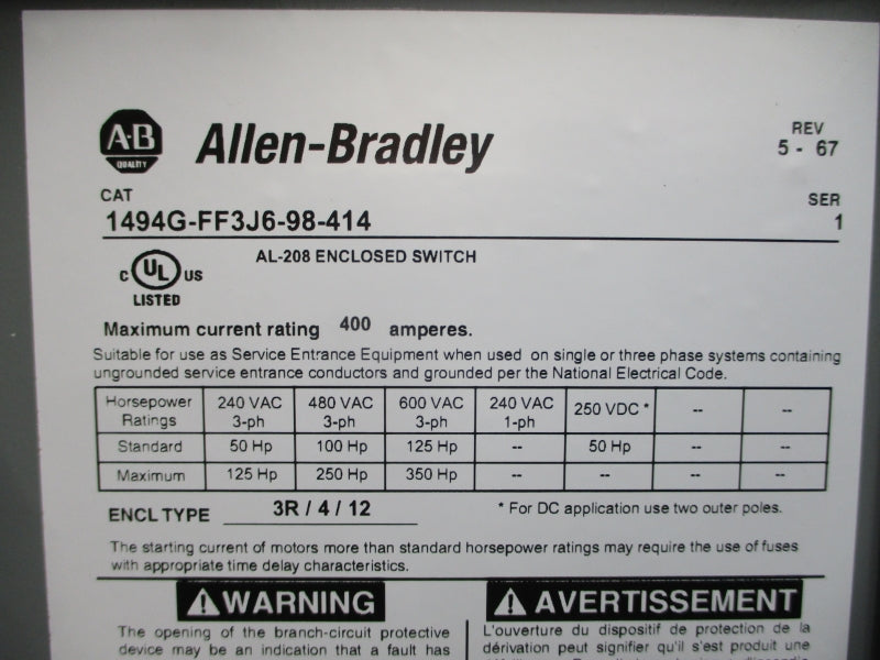 ALLEN BRADLEY 1494G-FF3J6-98-414 SER. 1 600VAC 400A (BR/WH) NSMP