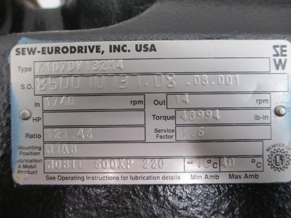 SEW-EURODRIVE K107DV132M4 DFV132M4 230/460V 27.4/13.7A NSNP