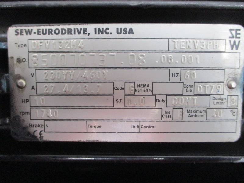 SEW-EURODRIVE K107DV132M4 DFV132M4 230/460V 27.4/13.7A NSNP