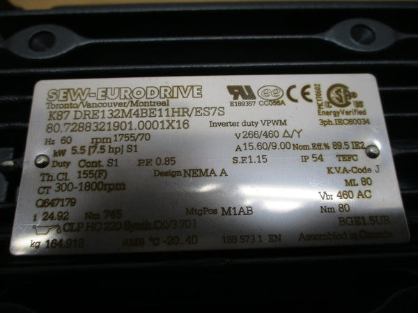 SEW-EURODRIVE K87DRE132M4BE11HR/ES7S K87/A 266/460V 15.60/9.00A NSNP
