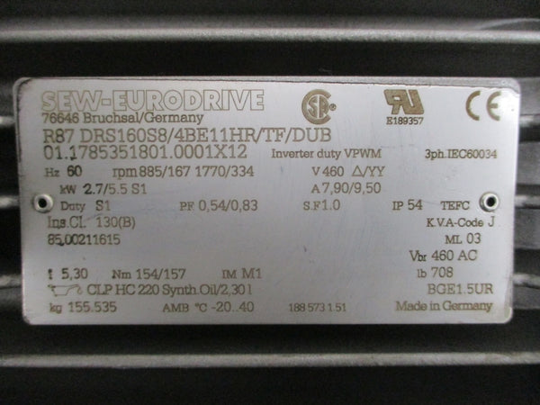 SEW-EURODRIVE R87DRS160S8/4BE11HR/TF/DUB 460V 7.90/9.50A NSNP