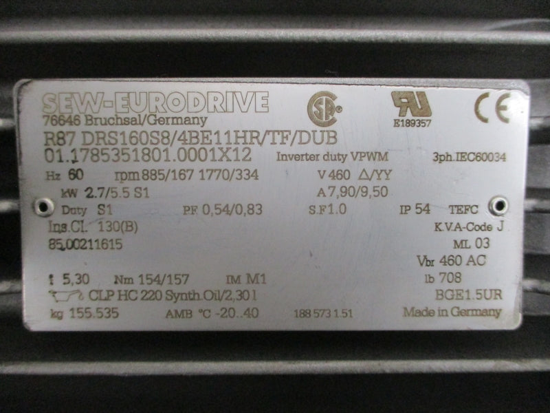 SEW-EURODRIVE R87DRS160S8/4BE11HR/TF/DUB 460V 7.90/9.50A NSNP