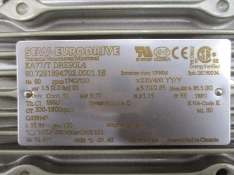 SEW-EURODRIVE KA77/TDRE90L4 KA77/A/T 230/460V 5.70/2.85A NSNP