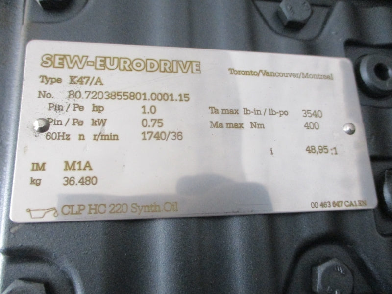 SEW-EURODRIVE K47DRE80M4BE1HR K47/A 230/460V 2.90/1.44A NSNP