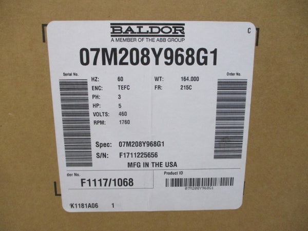 BALDOR 5HP, 1760RPM, 3PH, 215C FRAME 07M208Y968G1 460V 6.7A NSMP