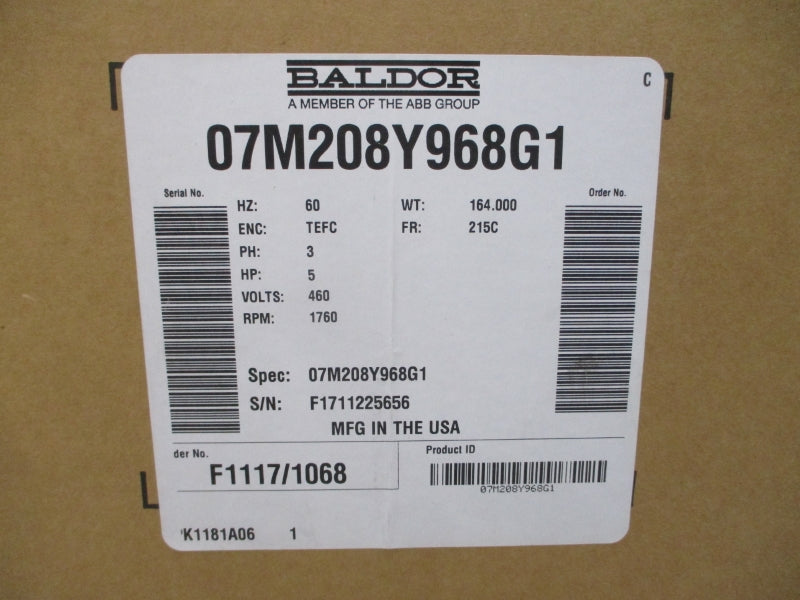 BALDOR 5HP, 1760RPM, 3PH, 215C FRAME 07M208Y968G1 460V 6.7A NSMP