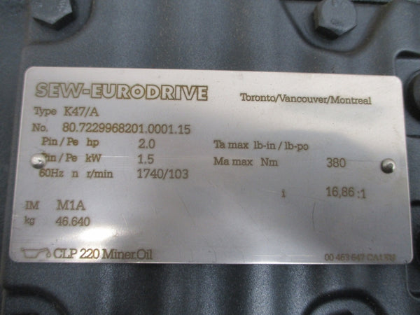 SEW-EURODRIVE K47DRE90L4BE2HF K47/A 460V 2.85A NSNP