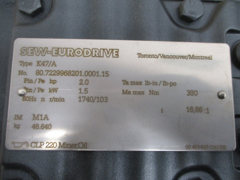 SEW-EURODRIVE K47DRE90L4BE2HF K47/A 460V 2.85A NSNP