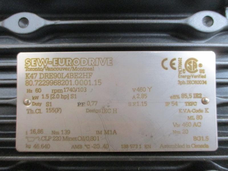 SEW-EURODRIVE K47DRE90L4BE2HF K47/A 460V 2.85A NSNP