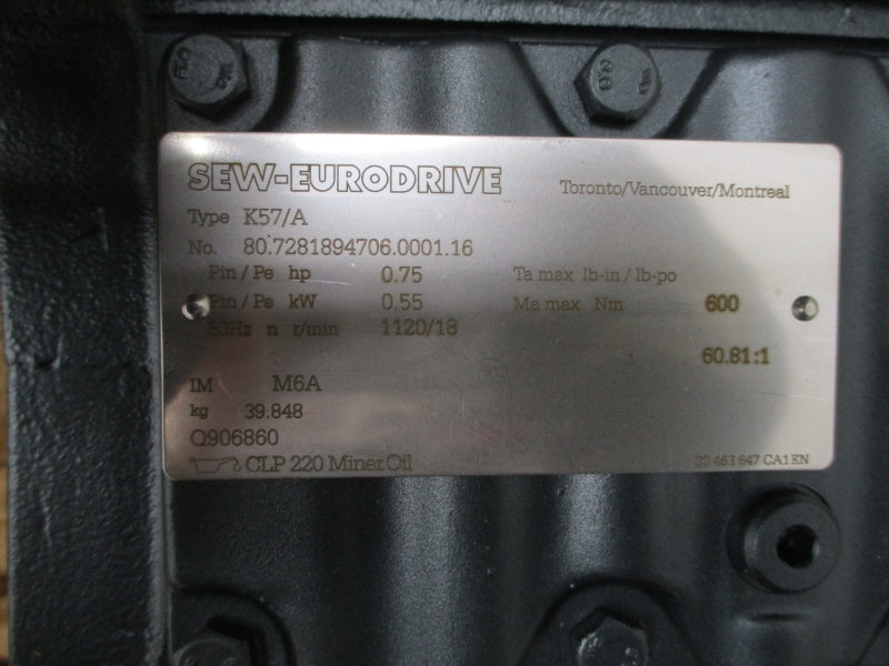 SEW-EURODRIVE K57DRS80S6BE1HR/TH K57/A 230/460V 2.65/1.32A NSNP