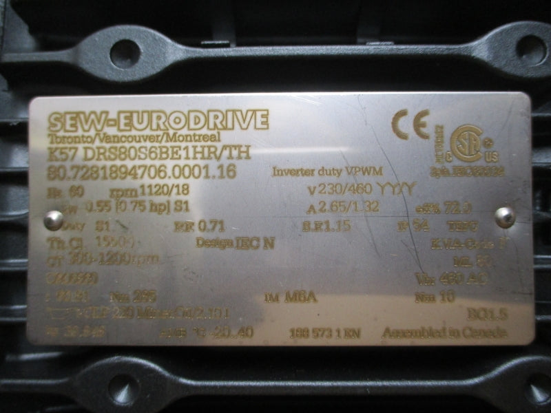 SEW-EURODRIVE K57DRS80S6BE1HR/TH K57/A 230/460V 2.65/1.32A NSNP
